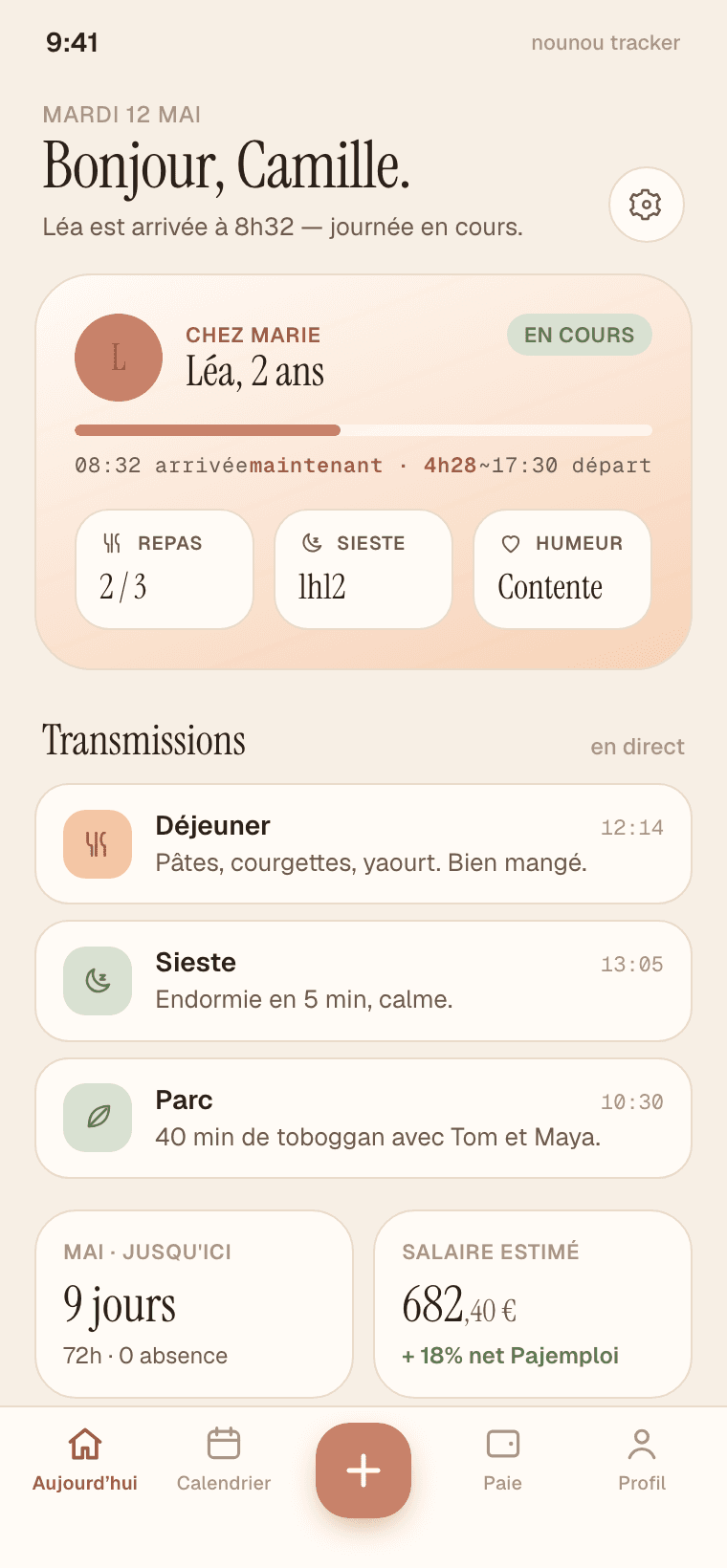 Écran Aujourd'hui de l'app Nounou Tracker